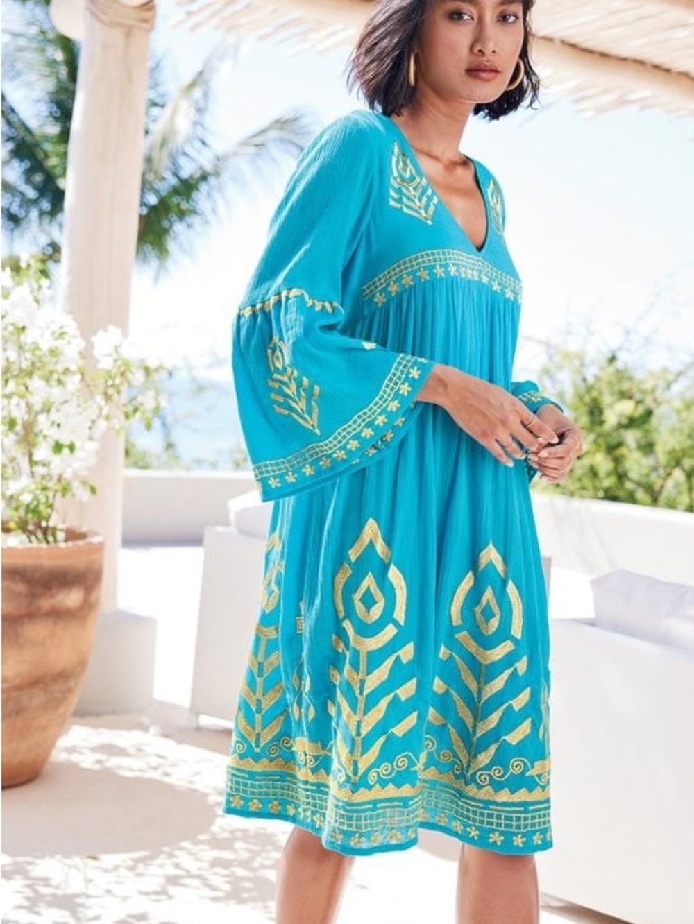 Soft Surroundings Boho Turqouise Blue & Gold Embroidery Zaneta Mini Dress